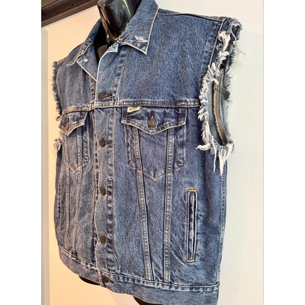 Levi Signature Vest Mens M Blue Denim Biker Cutoff Batwing Skull Back Patch - Picture 4 of 16